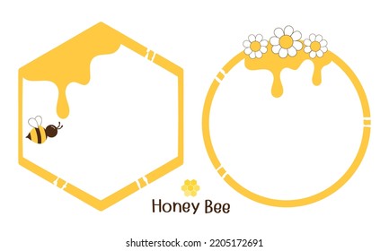 Hexagon and circle sign logo with bee cartoons and daisy flower isolated on white background vector illustration.