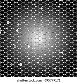 Hexagon and circles mesh on a dark background. Luminous hexagonal grid. Technology concept.