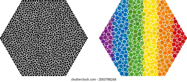 Hexagon collage icon of round dots in various sizes and spectrum bright color hues. A dotted LGBT-colored hexagon for lesbians, gays, bisexuals, and transgenders. Vector icon in LGBT flag colors.