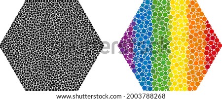 Hexagon collage icon of round dots in various sizes and spectrum bright color hues. A dotted LGBT-colored hexagon for lesbians, gays, bisexuals, and transgenders. Vector icon in LGBT flag colors.