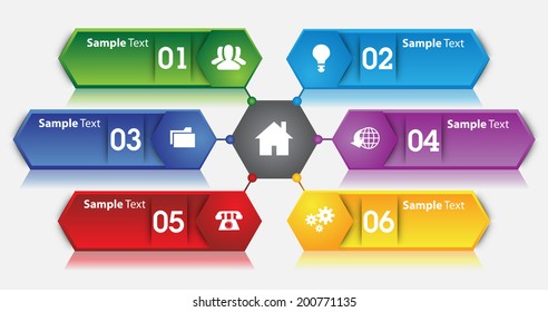 hexagon colorful text box, icon, numbers.
