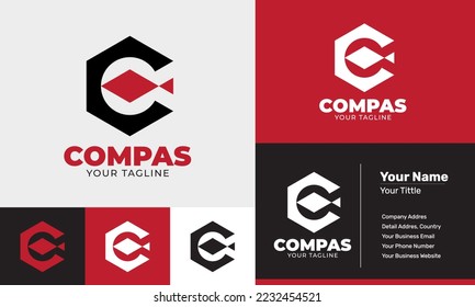 Hexagon compass flat design modern logo template