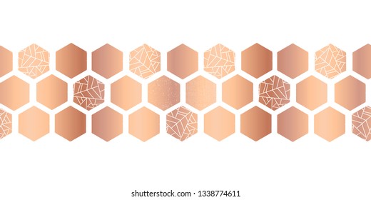 Hexagon Copper Foil Seamless Vector Border. Geometric Rose Gold Hexagons With Texture. Elegant Design For Card Design, Birthday Party, Wedding, Celebration, Banner, Digital Paper, Home Decor