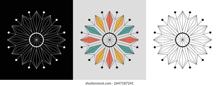 Mandala central hexágono com linhas retas radiantes e pétalas de diamante para decoração em negrito.