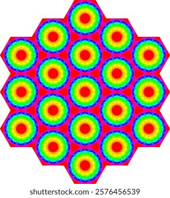 hexagon covering of the plane without clipping 3 layers rainbow colors no lines visible
