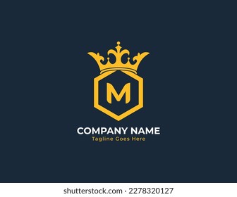 Hexagon Crown with Letter M Logo Concept sign icon symbol Element Design. Luxury Logotype. Vector illustration logo template