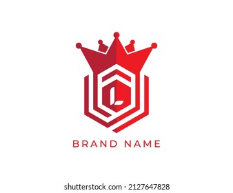 Símbolo del icono del logotipo de la corona del hexágono con la letra L. Plantilla de logotipo del vector