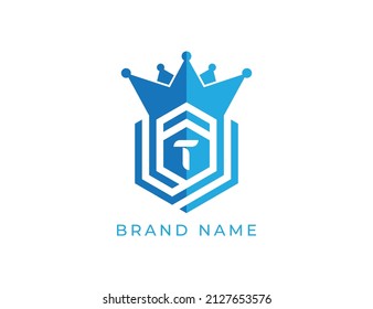 Símbolo del icono del logotipo de la corona del hexágono con la letra T. Plantilla de logotipo del vector