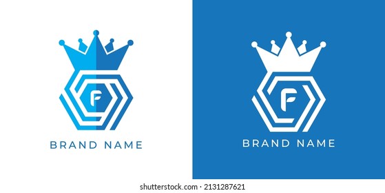 Hexagon Crown Logo icon symbol with Letter F. Vector logo template