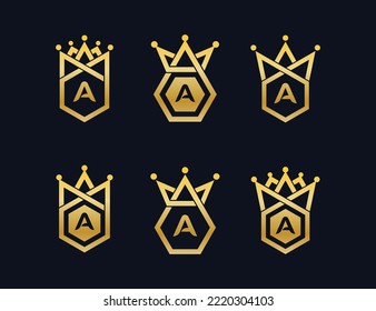 Hexagon Crown Logo Set Concept symbol icon sign Element Design. Restaurant, Boutique, Hotel, Cafe, Business Logotype. Vector illustration template
