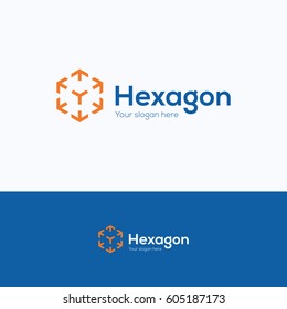 hexagon cube 3d sector group logo, package box arrow logotype.

