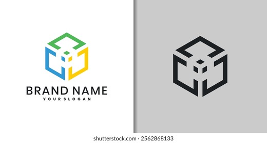 hexagon cube logo design template with arrow