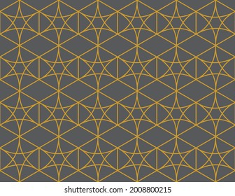 Hexagón y curva patrón de contorno de seis puntos repetidos de estrella en color oro sobre un fondo gris, ilustración de vector geométrico