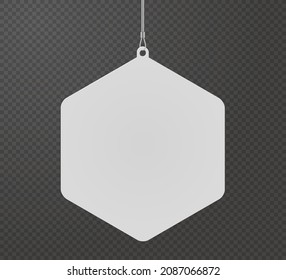Hexagon dangler hanging from ceiling realistic mockup. Mock up of advertising promotion pointer for supermarket sale announcement on transparent background. Mall store label vector illustration