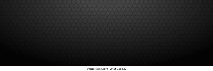 Hexagon dark background. Abstract industrial banner template. Black metal texture. Carbon 3d honeycomb. Wide fiber design. Modern tech wallpaper. Vector illustration.