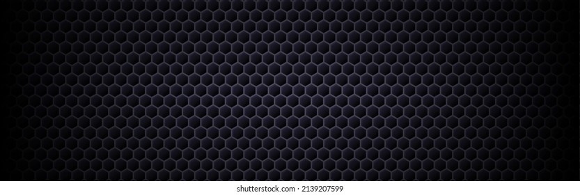 Hexagon dark background. Wide metal texture with shadow effect. Industrial wallpaper with cells. Futuristic carbon background. Vector illustration.