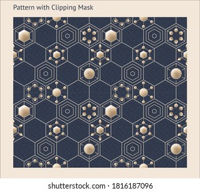 Hexagon dark blue seamless pattern with abstract geometric gold elements.