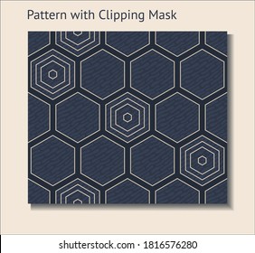 Hexagon dark blue seamless pattern with gold linear hexagons. Vector, clipping mask.