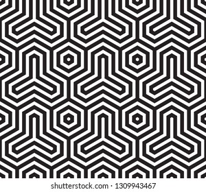 Hexagon. Decorative pattern for the background, tile and textiles. It is assembled from modular parts. Vector. Seamless. Meander. Black and white. 