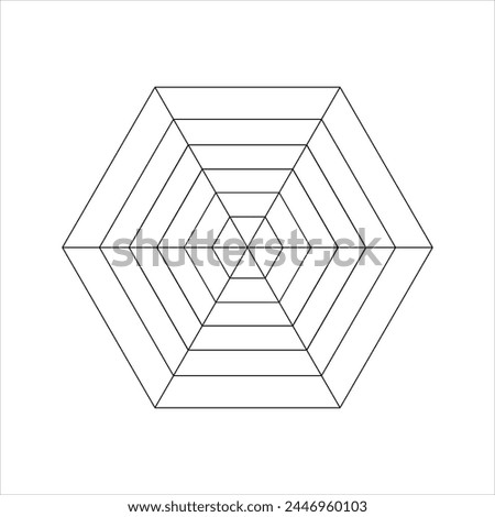 Hexagon diagram divided on equal segments. Statistics or analytics graph, radar or spider chart, wheel of life or habits tracker template isolated on white background. Vector outline illustration.