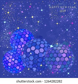 Hexagon disco balls with stars and sparkles on an electric blue color background for the Christmas and New Year season of 2019