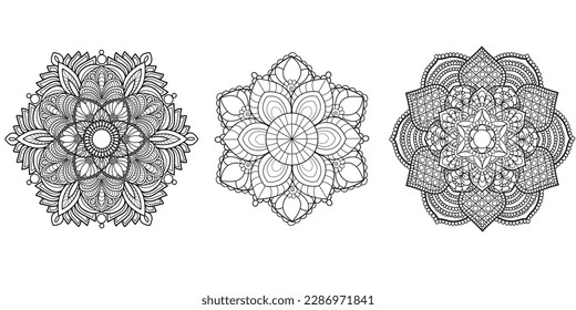 Hexagon doodle mandalas set of 3. Isolated vector elements for decoration,coloring,design,print,coloring book. 