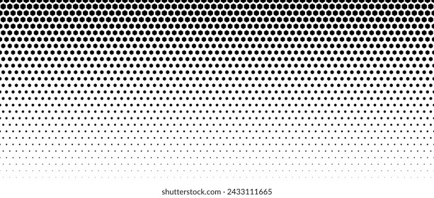 Hexagon dot halftone gradient texture. Abstract black grunge hex gradation background. Geometric retro tech wallpaper. Fading hexagonal pattern backdrop. Vector vanishing honeycomb grunge overlay