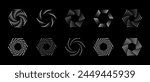 Hexagon dot halftone vortex, spiral twisted geometric shapes icon set, vector elements.