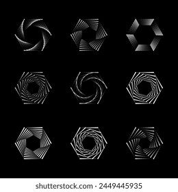 Hexagon dot halftone vortex, spiral twisted geometric shapes icon set, vector elements.