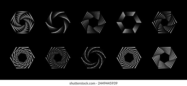 Hexagon dot halftone vortex, spiral twisted geometric shapes icon set, vector elements.