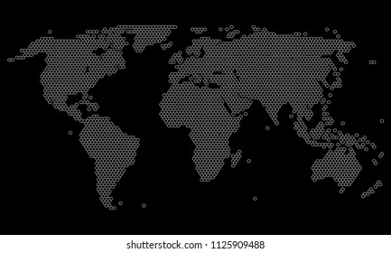 Hexagon dotted world map. Abstract dot world map. Pixel gray map isolated on white background. Vector eps10.