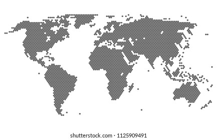 Hexagon dotted world map. Abstract dot world map. Pixel gray map isolated on white background. Vector eps10.