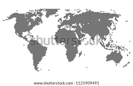 Hexagon dotted world map. Abstract dot world map. Pixel gray map isolated on white background. Vector eps10.