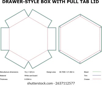 Hexagon drawer style box with pull tab lid template die-cut design
