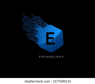 Hexagon E Letter Techno Logo Icon. Perfect for communication, technology, network, computer and hitec company.