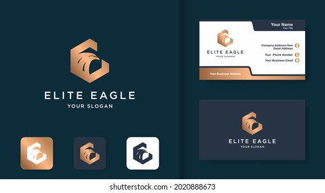 hexagon eagle logo with abstract letter e and business card design