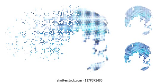 Hexagon earth abstract globe icon in dispersed, dotted halftone and whole variants. Elements are organized into vector disappearing hexagon earth abstract globe icon.