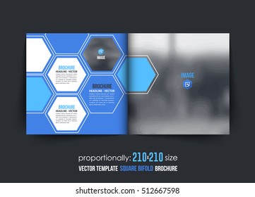 Hexagon Elements Blue Bi-Fold Document and Brochure, Vector Background. Corporate Bifold Leaflet, Textbook Cover Design. Image Add Feature Print Ready Business Bi Fold Pamphlet or Booklet Template