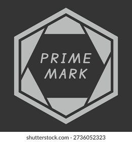 Hexagon emblem with prime mark text and layered polygon frame in gray tones