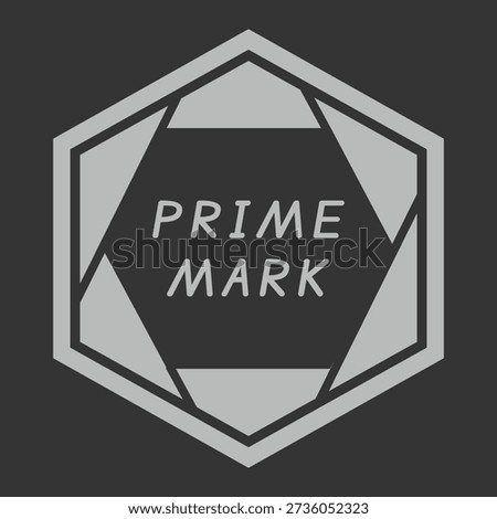 Hexagon emblem with prime mark text and layered polygon frame in gray tones
