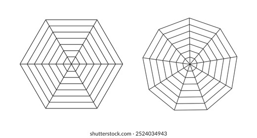 Hexagon and enneagon radar, spider diagram templates. Spider mesh. Polygon graphs. Diagram for statistic and analytic. Blank radar charts. Coaching tool. Grid black with segments. 