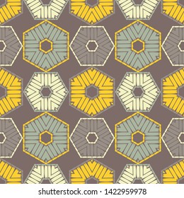 Hexagon. Ethnic boho seamless pattern. Lace. Embroidery on fabric. Patchwork texture. Weaving. Traditional ornament. Tribal pattern. Folk motif. Can be used for wallpaper, textile, wrapping, web.