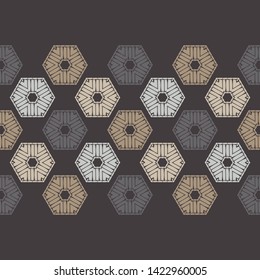Hexagon. Ethnic boho seamless pattern. Lace. Embroidery on fabric. Patchwork texture. Weaving. Traditional ornament. Tribal pattern. Folk motif. Can be used for wallpaper, textile, wrapping, web.