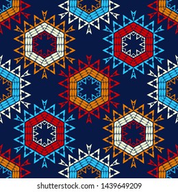 Hexagon. Ethnic boho seamless pattern. Lace. Embroidery on fabric. Patchwork texture. Weaving. Traditional ornament. Tribal pattern. Folk motif. Can be used for wallpaper, textile, wrapping, web.