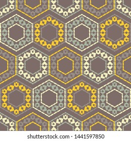 Hexagon. Ethnic boho seamless pattern. Lace. Embroidery on fabric. Patchwork texture. Traditional ornament. Tribal pattern. Folk motif. Can be used for wallpaper, textile, wrapping, web.