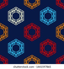 Hexagon. Ethnic boho seamless pattern. Lace. Embroidery on fabric. Patchwork texture. Traditional ornament. Tribal pattern. Folk motif. Can be used for wallpaper, textile, wrapping, web.