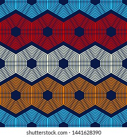 Hexagon. Ethnic boho seamless pattern. Embroidery on fabric. Patchwork texture. Traditional ornament. Tribal pattern. Folk motif. Can be used for wallpaper, textile, wrapping, web.