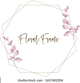 Hexagon eucalyptus frame. Hand drawn flowers card design with purple leaves, branches. Greeting or wedding template. Modern minimalist vector design.