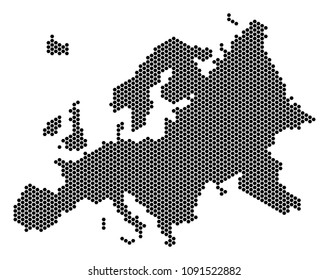 Hexagon Europe map. Vector geographic plan on a white background. Abstract Europe map collage is created with honeycomb items.