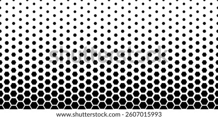Hexagon fades pattern. Faded halftone black honeycomb isolated on white background. Degraded border for design prints. Fadew halftones wallpaper. Fading gradient. Transition bg. Vector illustration